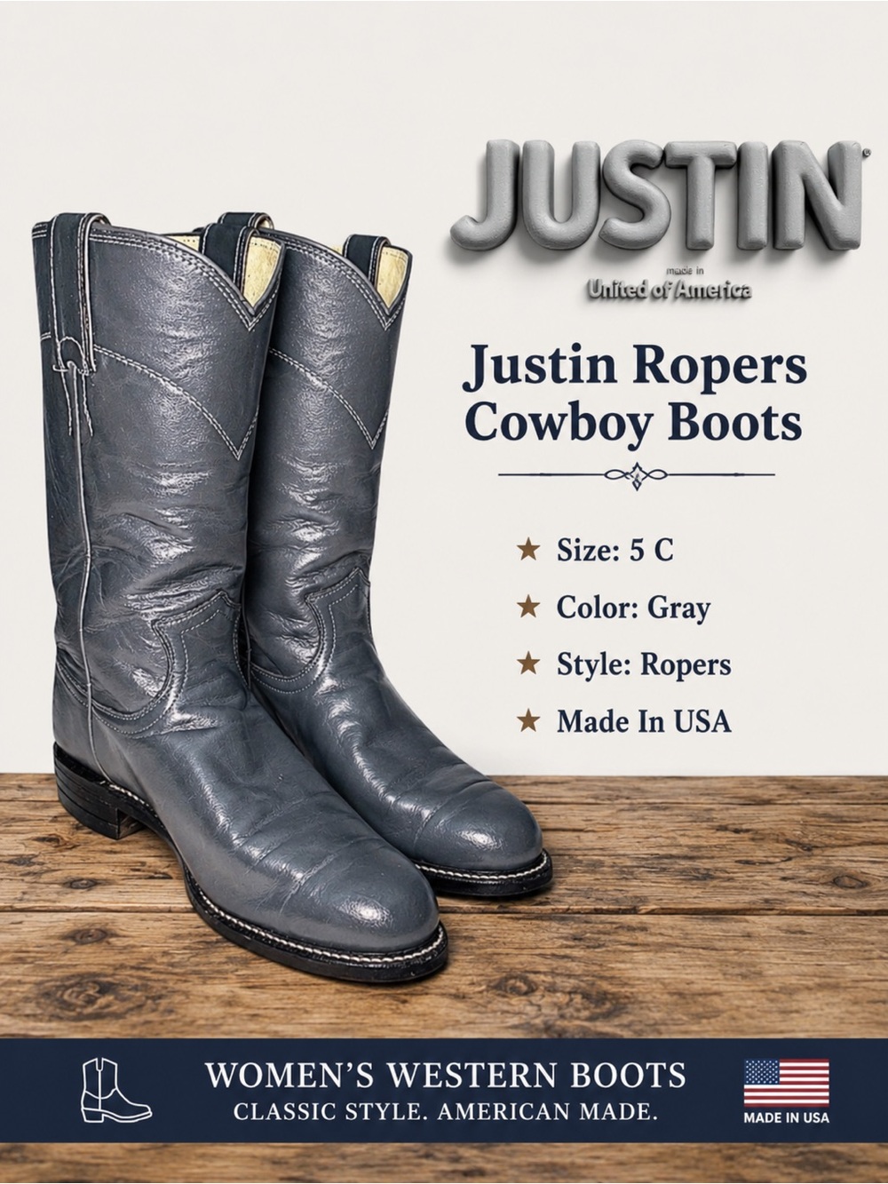 Justin Ropers Gray Cowboy Western Boots Women’s Size 5C Made in USA